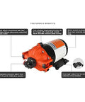 Rock Solid Quiet Workhorse DC 24V Submersible Diaphragm Pump 7.0 GPM 60 PSI with adjustable pressure switch and rubber feet.