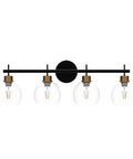 Black And Gold 4 Light Vanity Lights With Clear Globe Shade For Farmhouse Modern Bathroom Over Mirror, side view of fixture
