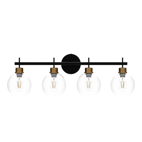 Black And Gold 4 Light Vanity Lights With Clear Globe Shade For Farmhouse Modern Bathroom Over Mirror, side view of fixture