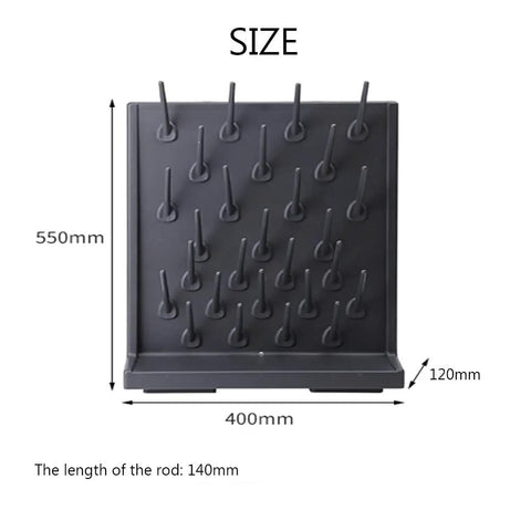 Heavy Duty Lab Drying Rack For Test Tubes And Glassware Drain Stand Wall Mount Or Freestanding Detachable Design High Quality PP Material, size and dimensions displayed.