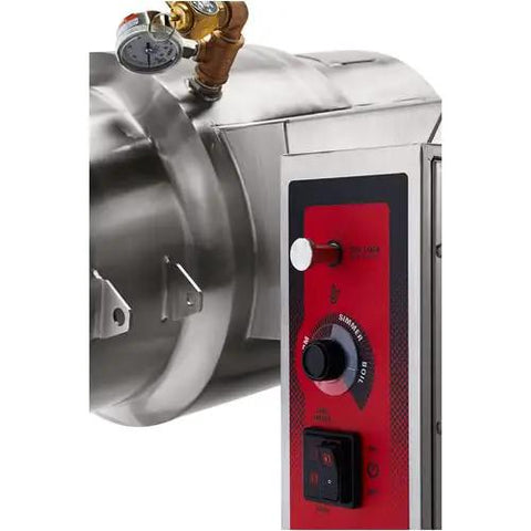 Restaurant Grade Countertop Tilting Steam Kettle 6 Gallon Capacity control panel with stainless steel body and pressure gauge.