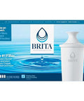 Front view of Brita pitcher filter box with BRITA logo, white filter housing, and four replacement filters.