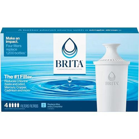 Front view of Brita pitcher filter box with BRITA logo, white filter housing, and four replacement filters.