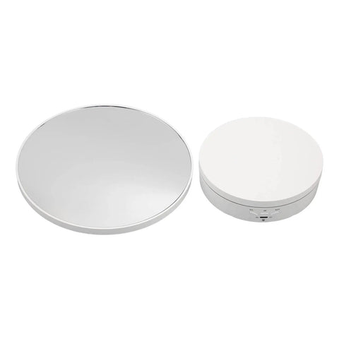 Hot 360 Degree Rotating Display Stand With Electric Motorized Turntable And USB Cable For Perfect Plastic Glass Showcase Of Jewelry Watches And Cakes In Crisp White, featuring a mirrored rotating base.