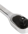 Close-up of a ratchet from the Universal Socket Set 1/2 Inch Drive, 19 Piece With 72-Tooth Ratchet, Corrosion-Resistant Chrome Finish
