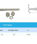Job Site Ready Type 316 Stainless Steel Cable End Fittings Right Hand Swage Railing Hardware 50 Pack For 1 4 Inch Wire Rope 5 1 2 Overall Length with nuts and dimensions.