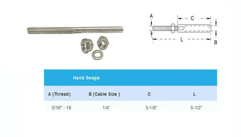 Job Site Ready Type 316 Stainless Steel Cable End Fittings Right Hand Swage Railing Hardware 50 Pack For 1 4 Inch Wire Rope 5 1 2 Overall Length with nuts and dimensions.