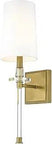 One Light Wall Sconce In Rubbed Brass With Brushed Nickel Accents And Crystal Details White Fabric Shade Transitional Traditional Coastal Style Classy Yet Modern Lighting Fixture For Hallways Entryways And Living Rooms
