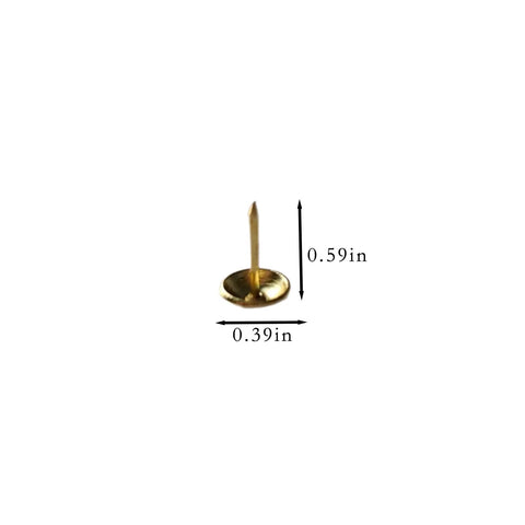 Top Shelf 200 Pack Gold Upholstery Tacks and Furniture Nails Delivering a Badass Glow for Sofas Chairs Beds and DIY Home Decor Projects in Rock Solid 7/16 Inch Dimensions That Truly Hit The Spot Today showing a single gold upholstery tack with dimensions labeled.