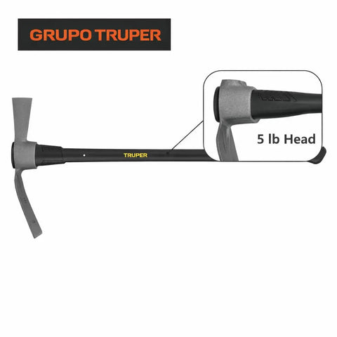 Heavy Duty Cutter Mattock Pickaxe With 5 Lb Steelhead And 36 Inch Fiberglass Handle, close-up of head and handle