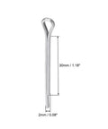 Split Cotter Pin Set 2mm Diameter by 30mm Length Carbon Steel Zinc Plated Silver Tone 2 Prongs, single pin close-up with measurements