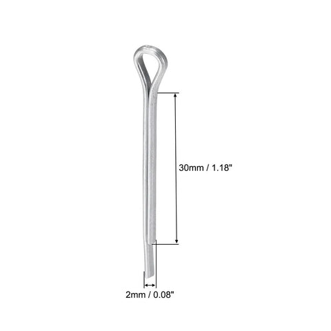 Split Cotter Pin Set 2mm Diameter by 30mm Length Carbon Steel Zinc Plated Silver Tone 2 Prongs, single pin close-up with measurements