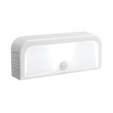 Wireless Motion Sensing LED Night Lights Six Pack Tiny Stick Anywhere White Battery Powered Auto On When Motion Is Detected In Darkness Great For Hallways Closets And Stairs, close-up of single white light unit.