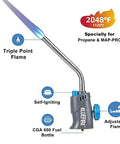Trigger Start Gas Welding Torch Head For Propane And MAP PRO Fuel, with 1.5 Inch Extension Nozzle, showing piezo ignition and triple-point flame