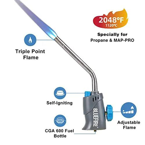 Trigger Start Gas Welding Torch Head For Propane And MAP PRO Fuel, with 1.5 Inch Extension Nozzle, showing piezo ignition and triple-point flame