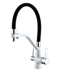 GAZOGJ 360°Rotatable 3-Way Kitchen Faucet with Extendable Shower Head, sleek white fixture with black hose and dual levers.