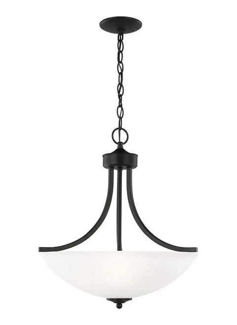 Geary Three Light Pendant In Midnight Black Steel Dope Modern Hanging Fixture with satin etched glass shade