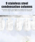 Self Cleaning Countertop Ice Maker Generates Bullet Shaped Cubes In Under 6 Minutes with 9 stainless steel condensation columns.