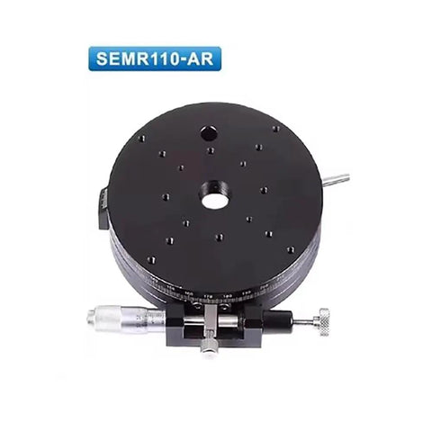 110mm Precision Manual Rotary Stage With Lockable Fine Adjustment And 360 Degree Rotation For Pro Grade Alignment In The Lab Aluminum Anodized Platform Low Runout And High Angular Accuracy SEMR110-AR showing top view with micrometric adjuster handle visible on the side