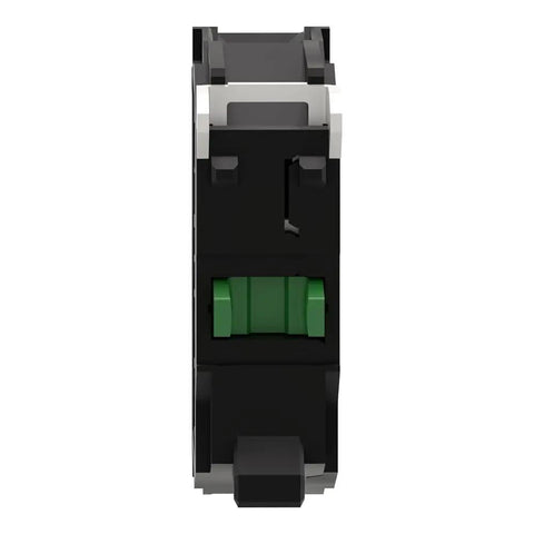 Front view of Ten Pack Of ZBE101 22 Millimeter Push Button Auxiliary Contact Block With One Normally Open Switch And Screw Clamp Terminals Solid Black Housing.