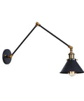 Badass Industrial Swing Arm Wall Sconce Adjustable Metal Light Fixture E27 Socket mounted on wall with black and gold design.