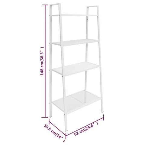 Four Tier Ladder Bookcase Storage Shelf With Industrial Metal Frame White Finish For Living Room Office Or Bathroom Space Saving Display Stand Holds Books Plants And Decor Measures 24.4 By 14 By 58.3 Inches in white