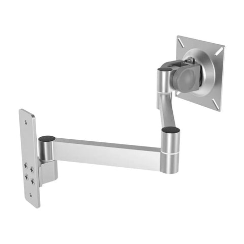 Heavy duty monitor arm featuring smooth pivot adjustment and clean cable routing for office setup.