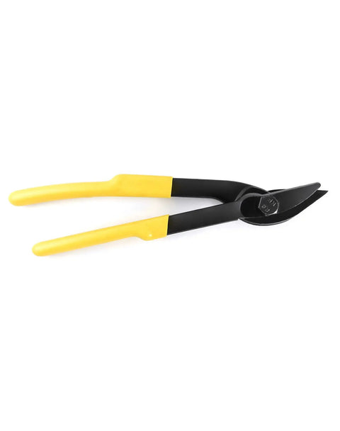 Heavy Duty Strapping Cutter Made For Tough Jobs 12 Inch Adjustable Snips for steel PET and PP bands with yellow grips.