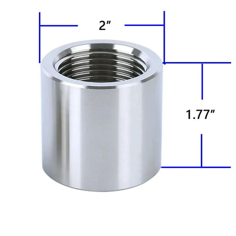 Heavy Duty 304 Stainless Steel Pipe Coupling 1.25 Inch F NPT To F NPT Threaded Connector shown with dimensions 2" and 1.77".