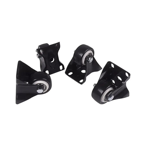 Top Shelf 4 Pack 1.6 Inch Black Polyurethane Fixed Castor Wheels Rock Solid Heavy Duty Tool Cart Rollers close-up view of four wheels.