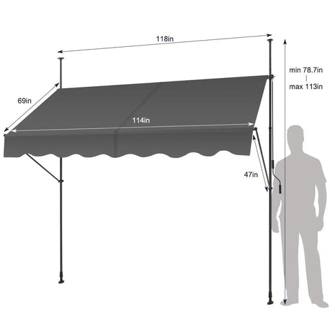 Diagram of Manual Retractable Patio Awning 118-Inch Adjustable Sun Shade Shelter For Doors Windows Backyard Garden And Balcony With UV Protection