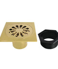 Brass Shower Drain 4 Inch Square Grid With Hair Strainer, Brushed Brass Finish, Solid Brass Construction, Floor Mounted