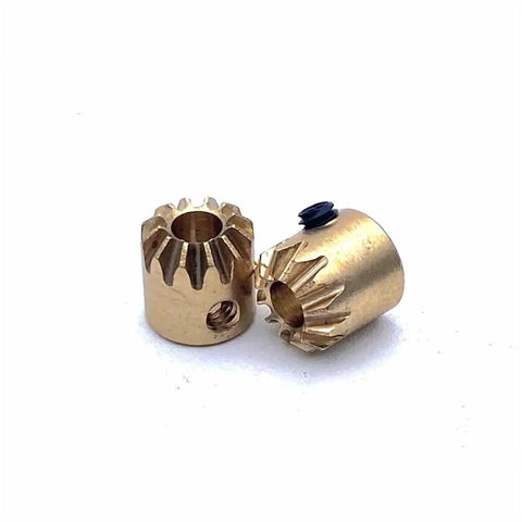 Two brass mini bevel gear set 90 degree pinion cone gear with ten teeth, one to one ratio, three point one three by one point four mm, zero point three module.
