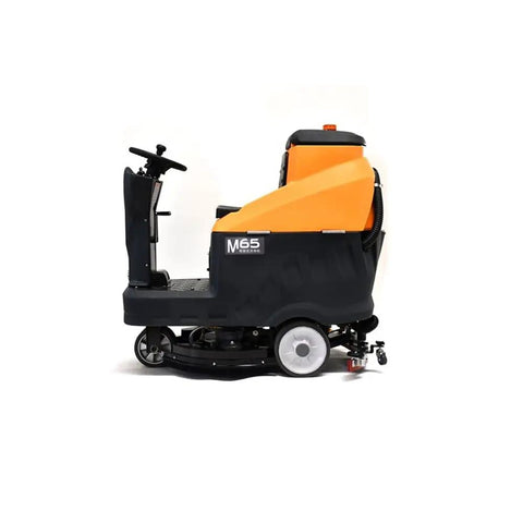 Top Shelf Ride On Automatic Floor Scrubber 33 Inch Wide Cleaning Path Heavy Duty Commercial Floor Washer side view with operator seat.