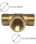 Brass pipe tee, 1/2 in male x 1/2 in female x 1/2 in male, front view.