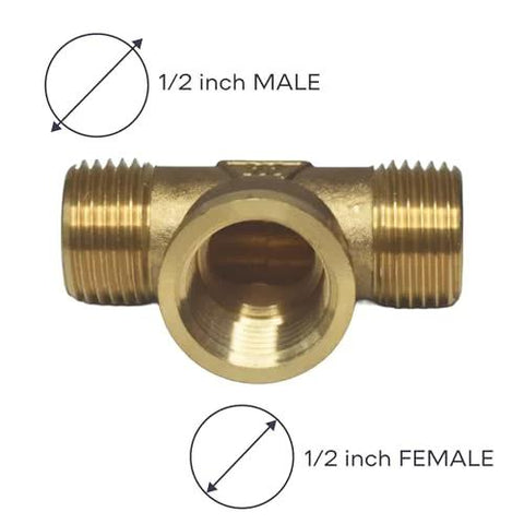 Brass pipe tee, 1/2 in male x 1/2 in female x 1/2 in male, front view.