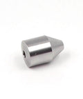Metal cutting head insert for water jet machines; silver cylindrical part with central bore for 1/4 inch insert.