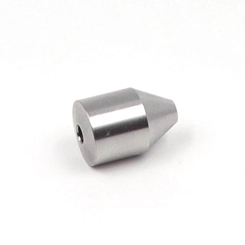 Metal cutting head insert for water jet machines; silver cylindrical part with central bore for 1/4 inch insert.