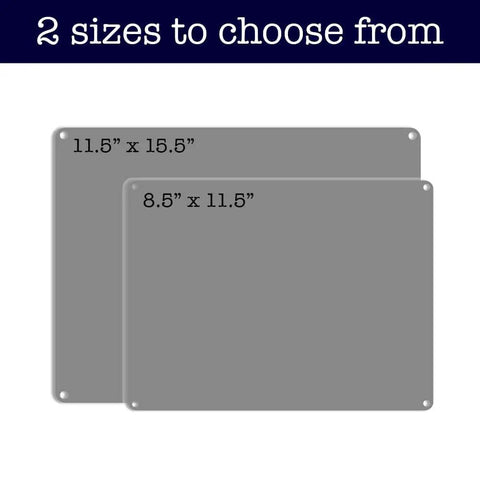 Two sizes of durable aluminum garage signs with dimensions 11.5x15.5 inches and 8.5x11.5 inches, matte finish, vintage workshop wall decor.