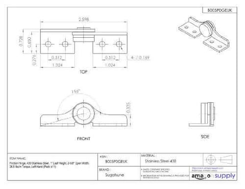 Technical drawing of a Friction Hinge With 430 Stainless Steel Body And 303 Stainless Steel Pin, 1 Inch Leaf Height, 2 And Five Eighths Inch Open Width