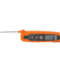 IR07 Dual Infrared And Probe Pocket Size LCD Digital Thermometer with orange casing and display reading 73.5F