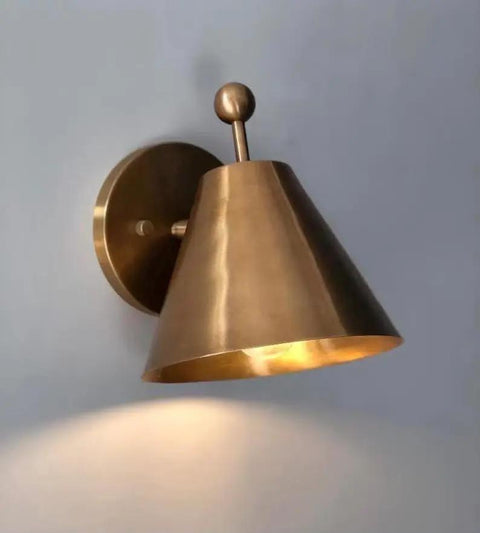 Handcrafted Brass Wall Sconce with Finial Vintage Hardwired Light featuring a cone-shaped shade and decorative finial.