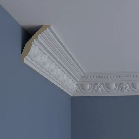 Edinburgh Crown Molding in urethane installed on blue wall, factory primed, 4 in high, classic style, corner view