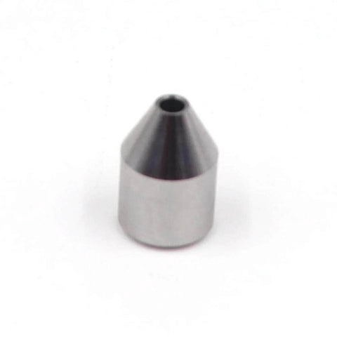 Front view of a silver metal water jet nozzle insert, 1/4-inch size for cutting heads