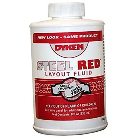 Dykem Steel Red Layout Fluid bottle, 8 oz, brush-in-cap, front view
