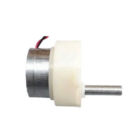 CHANCS DC 6V gear reducer motor with 18mm plastic gear housing, side view showing metal output shaft and red/black wires