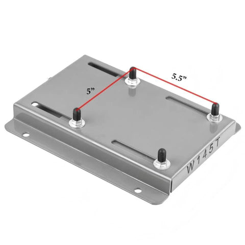 145T frame motor slide base in gray solid steel with four mounting studs and slotted mounting holes; 5.5 x 5 in footprint