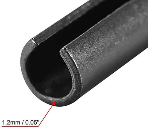Close-up of a slotted spring pin showing axial slot and chamfered edge, part of the Slotted Spring Pin Set 6mm By 65mm Plain Finish 65Mn Pro Grade For Small Machine Projects Roll Assortment Kit With 30 Pieces Axial Slotted Pins Chamfered Ends Positioning Fasteners.