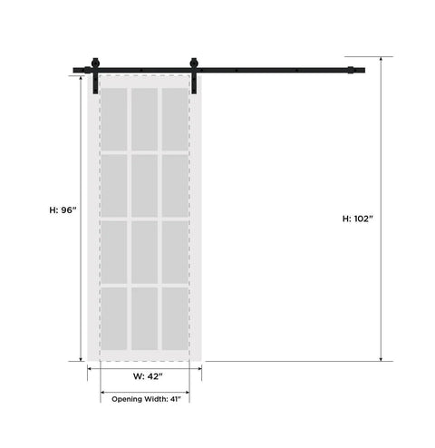 Illustration of Quadro 4088 Barn Door Kit 42 By 96 Inches Black Matte Solid MDF Core with measurements and black rail