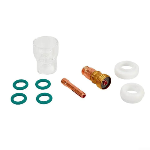 Stout 9-Piece TIG Welding Accessories Kit With #12 Glass Cup For WP-17 And WP-18 Torch Setup components including #12 cup, collet, and rings.